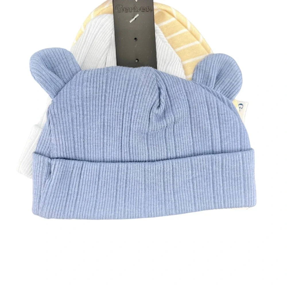 Gerber Hat Set Newborn NB Blue Tan 3 Pack Bear Ears Ribbed Striped Cotton Caps